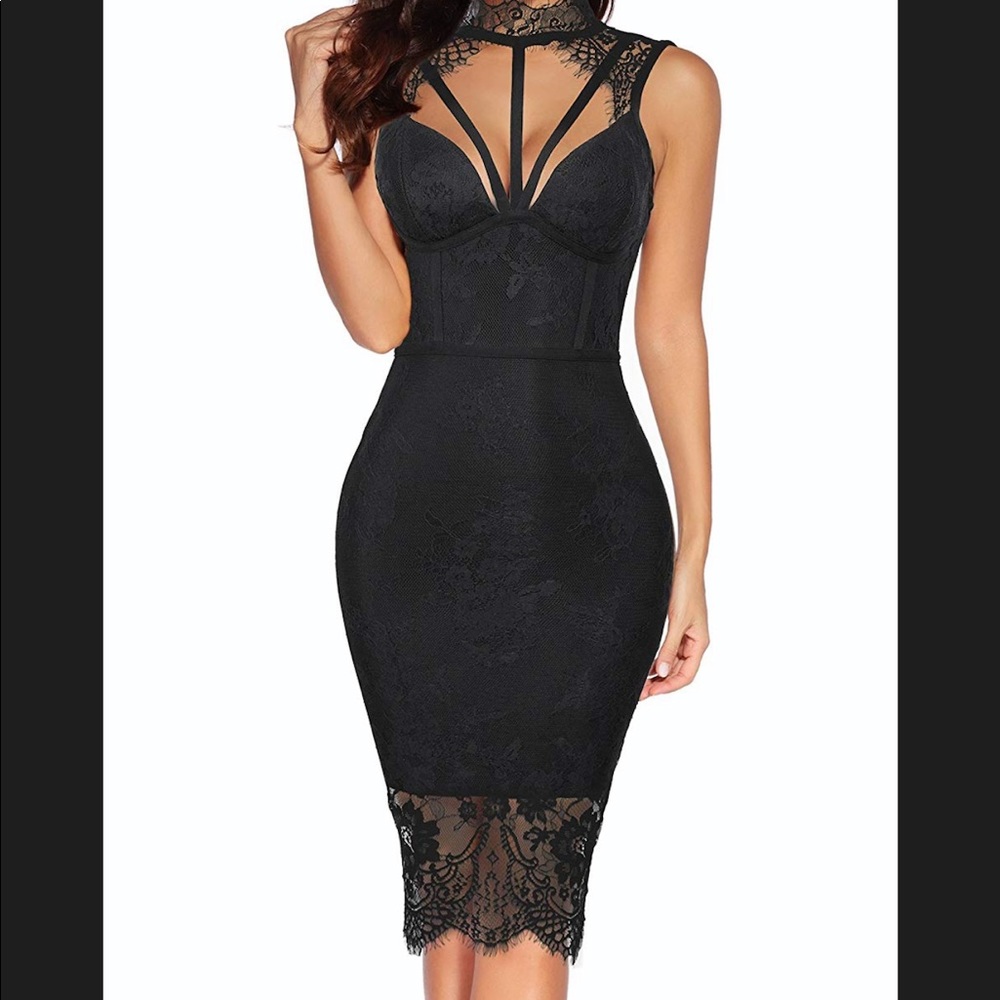 Black lace overlay high neck bodycon dress Size L
